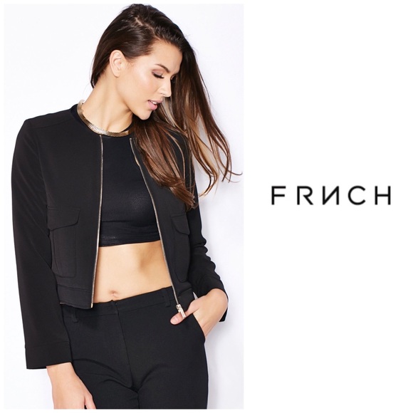 NWT FRNCH Cropped Zip Front Jacket Blazer Black - Picture 3 of 8